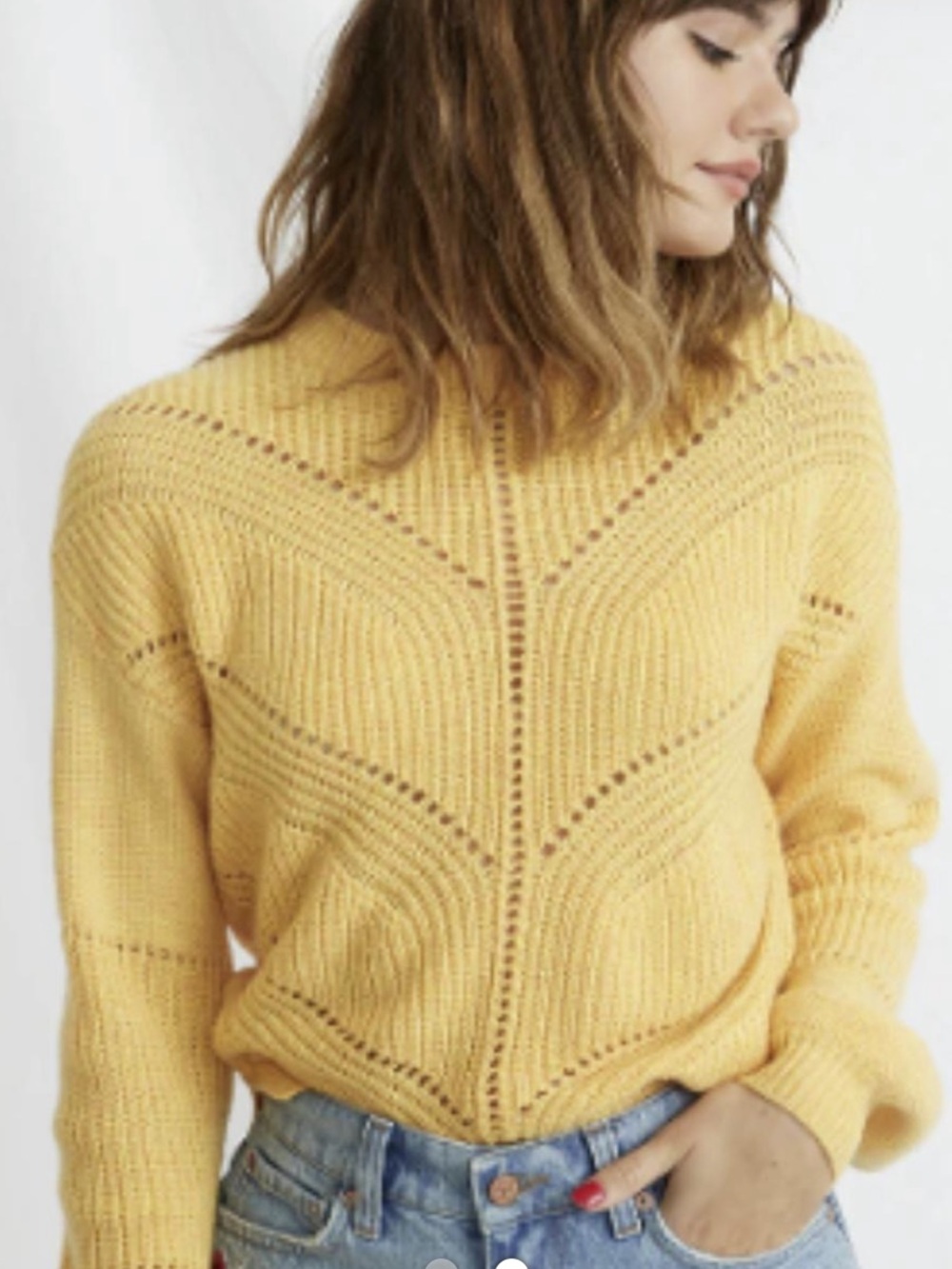 Marine Layer Olivia knit Yellow Open-Stitch Crewneck Sweater Xsmall